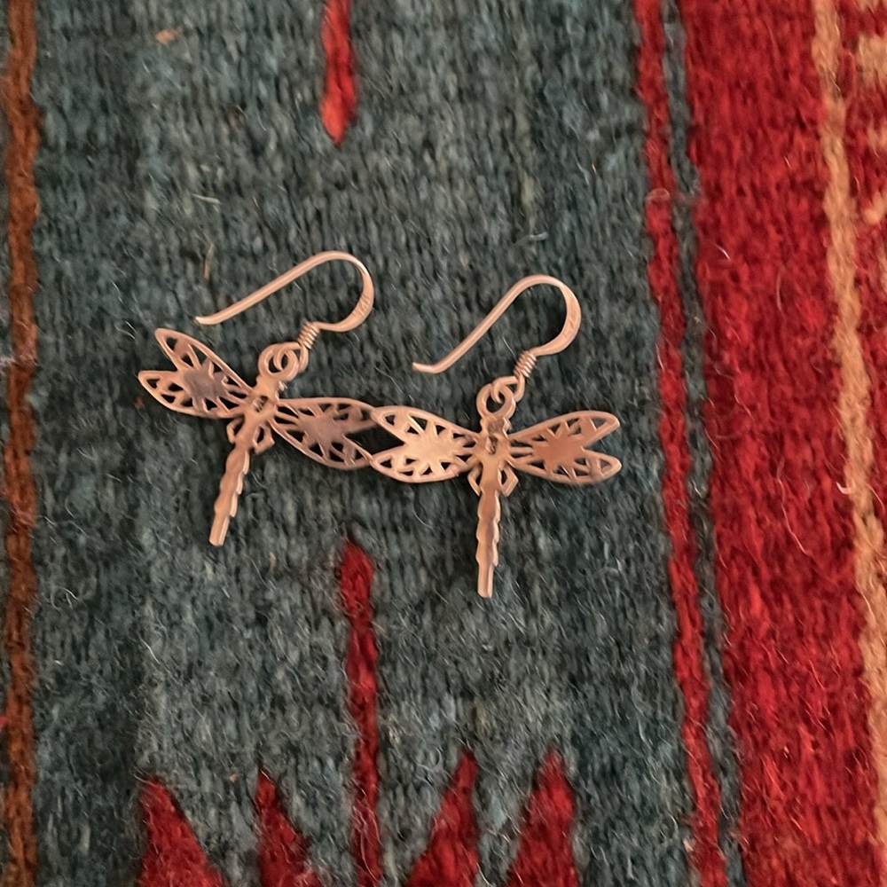 Sterling Silver Dragonfly Drop Hook Earrings - image 2